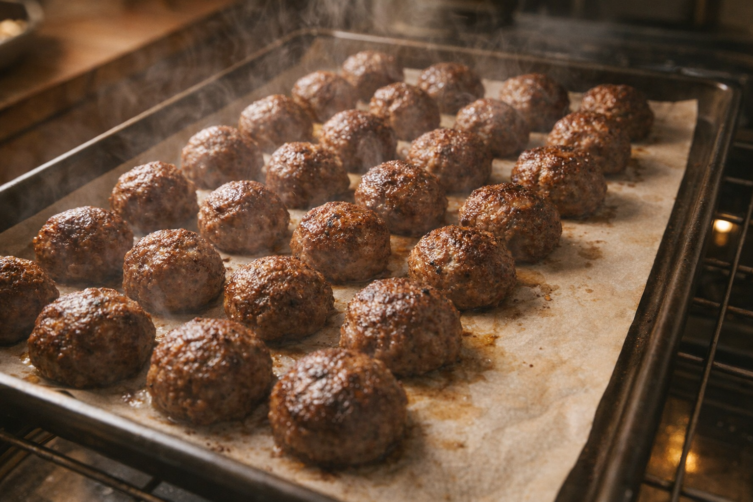 Overhead shot of a baking sheet filled with evenly browned meatballs, steam rising slightly, warm oven lighting, parchment paper visible underneath
